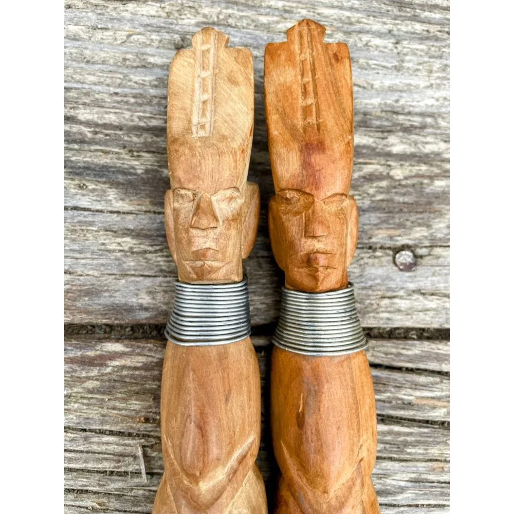 Vintage MCM Carved Wood African Salad Fork Spoon Head Bust handles
